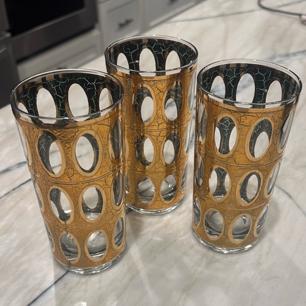 Set of 3 Culver Pisa Collins Mid - Century 22K Gold Glasses